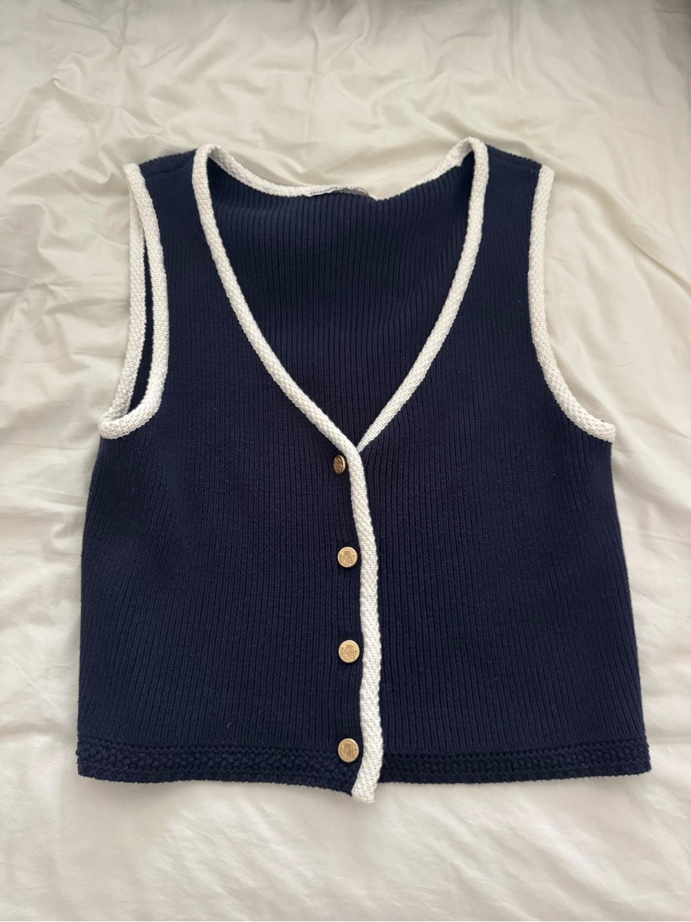 Abercrombie & Fitch Navy Knit Button-Front Vest with White Trim